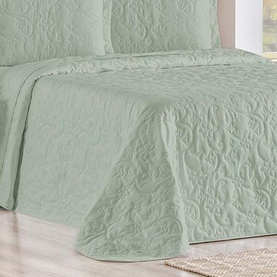 Kit Cobre Leito Colcha Celeste Queen 3 Peças Matelado Floral 180 Fios - Verde Malva