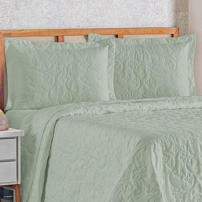 Kit Cobre Leito Colcha Celeste Queen 3 Peças Matelado Floral 180 Fios - Verde Malva