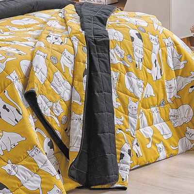 Kit Cobre Leito Colcha Gatos Queen 3 Peças Estampado Percal 200 Fios 100% Algodão
