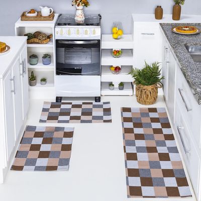 Kit Passadeira Tapete Cozinha 3 Peças Jacquard Base Antiderrapante - Tabuleiro Avelã