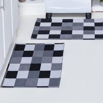 Kit Passadeira Tapete Cozinha 3 Peças Jacquard Base Antiderrapante - Tabuleiro Preto e Branco