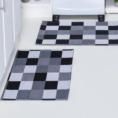 Kit Passadeira Tapete Cozinha 3 Peças Jacquard Base Antiderrapante - Tabuleiro Preto e Branco