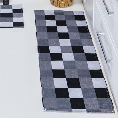 Kit Passadeira Tapete Cozinha 3 Peças Jacquard Base Antiderrapante - Tabuleiro Preto e Branco