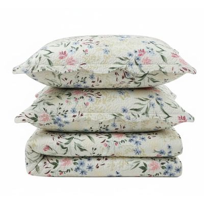 Kit Cobre Leito Colcha Magnus Casal 3 Peças Dupla Face Estampado Floral - Primavera Azul - 100% Poliéster