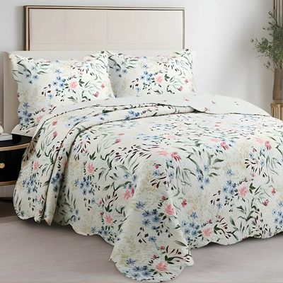 Kit Cobre Leito Colcha Magnus Casal 3 Peças Dupla Face Estampado Floral - Primavera Azul - 100% Poliéster