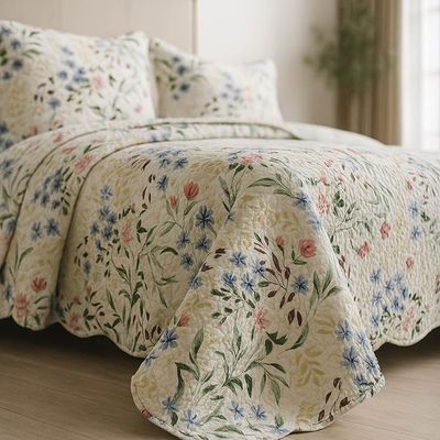Kit Cobre Leito Colcha Magnus Casal 3 Peças Dupla Face Estampado Floral - Primavera Azul - 100% Poliéster