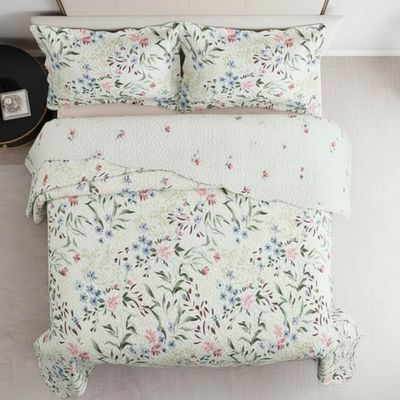 Kit Cobre Leito Colcha Magnus Casal 3 Peças Dupla Face Estampado Floral - Primavera Azul - 100% Poliéster