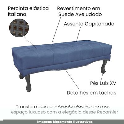 Recamier Decorativo 195cm Loewe Suede Pés de Madeira Azul Marinho - Gran Belo