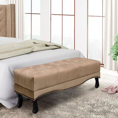 Recamier Decorativo 90cm Loewe Suede Pés de Madeira Bege - Gran Belo