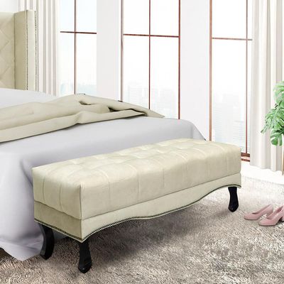 Recamier Decorativo 90cm Loewe Veludo Pés de Madeira Bege - Gran Belo