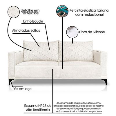 Sofá Living 2 Lugares com Pés de Ferro Almofadas Soltas 160cm Neso Bouclê Off White G63 - Gran belo