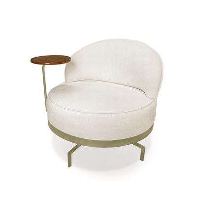 Poltrona Sala de Estar Pés em Ferro Champagne Giratória Braço Madeira Maciça 86cm Banff Bouclê Off White G63 - Gran Belo