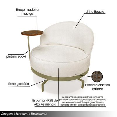 Poltrona Sala de Estar Pés em Ferro Champagne Giratória Braço Madeira Maciça 86cm Banff Bouclê Off White G63 - Gran Belo