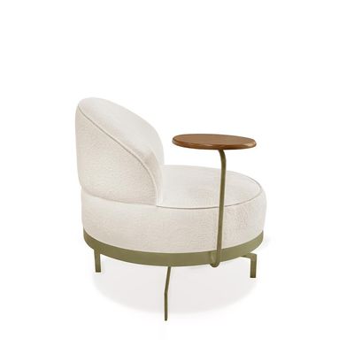 Poltrona Sala de Estar Pés em Ferro Champagne Giratória Braço Madeira Maciça 86cm Banff Bouclê Off White G63 - Gran Belo