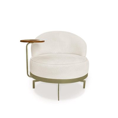 Poltrona Sala de Estar Pés em Ferro Champagne Giratória Braço Madeira Maciça 86cm Banff Bouclê Off White G63 - Gran Belo