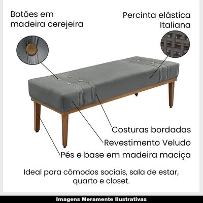 Recamier Decorativo 140cm Kors Veludo Pés de Madeira Cinza - Gran Belo