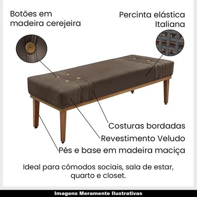 Recamier Decorativo 195cm Kors Veludo Pés de Madeira Marrom - Gran Belo