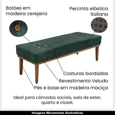 Recamier Decorativo 195cm Kors Veludo Pés de Madeira Verde Floresta - Gran Belo