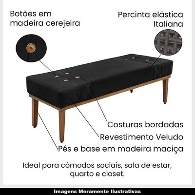 Recamier Decorativo 90cm Kors Veludo Pés de Madeira Preto - Gran Belo