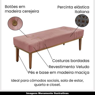 Recamier Decorativo 90cm Kors Veludo Pés de Madeira Rosa - Gran Belo