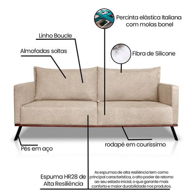 Sofá Living 2 Lugares com Pés de Ferro Almofadas Soltas 200cm Saiph Bouclê Bege G63 - Gran belo