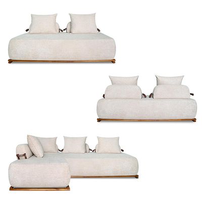 Sofá Modulado 6 Lugares com Almofadas Soltas Pés Madeira Maciça 440cm Homer Bouclê Off White G63 - Gran Belo