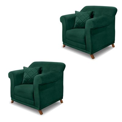 Kit 2 Poltronas Decorativas com 2 Almofadas Armstrong Veludo Verde Floresta - Gran Belo