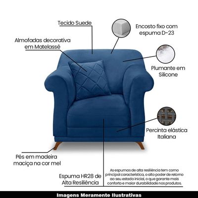 Poltrona Decorativa com 1 Almofada Armstrong Suede Azul Marinho - Gran Belo