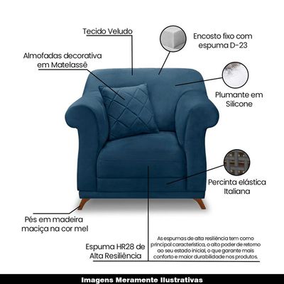 Poltrona Decorativa com 1 Almofada Armstrong Veludo Azul Marinho - Gran Belo