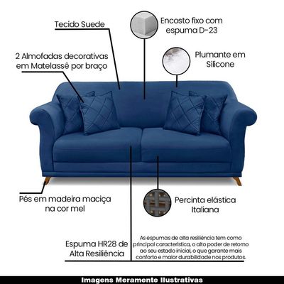 Sofá Decorativo 200cm 3 Lugares com 4 Almofadas Armstrong Suede Azul Marinho - Gran Belo