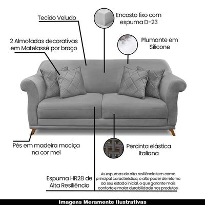 Sofá Decorativo 200cm 3 Lugares com 4 Almofadas Armstrong Veludo Cinza - Gran Belo
