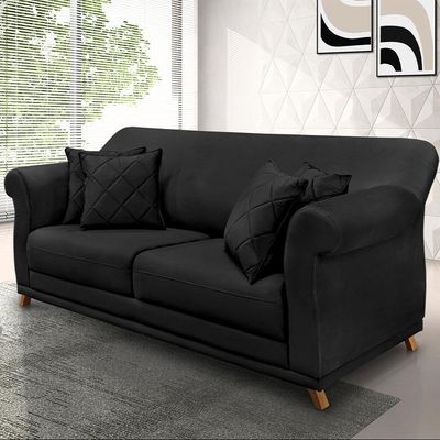 Sofá Decorativo 200cm 3 Lugares com 4 Almofadas Armstrong Veludo Preto - Gran Belo