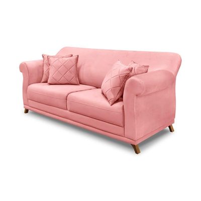 Sofá Decorativo 200cm 3 Lugares com 4 Almofadas Armstrong Veludo Rosa - Gran Belo