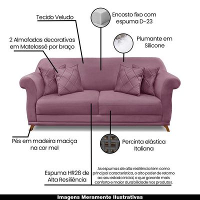 Sofá Decorativo 200cm 3 Lugares com 4 Almofadas Armstrong Veludo Uva - Gran Belo