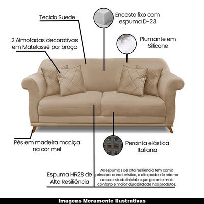 Sofá Decorativo 220cm 3 Lugares com 4 Almofadas Armstrong Suede Bege - Gran Belo
