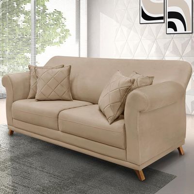 Sofá Decorativo 220cm 3 Lugares com 4 Almofadas Armstrong Suede Bege - Gran Belo
