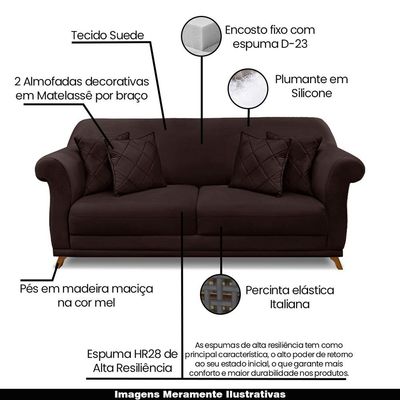 Sofá Decorativo 220cm 3 Lugares com 4 Almofadas Armstrong Suede Café - Gran Belo