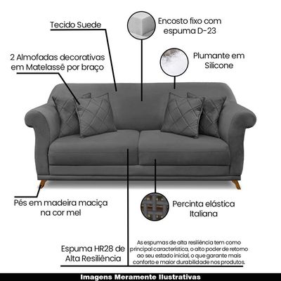 Sofá Decorativo 220cm 3 Lugares com 4 Almofadas Armstrong Suede Cinza - Gran Belo