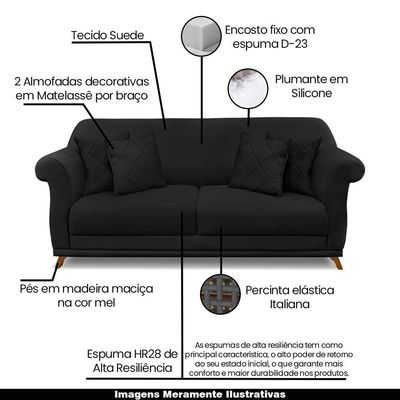 Sofá Decorativo 220cm 3 Lugares com 4 Almofadas Armstrong Suede Preto - Gran Belo
