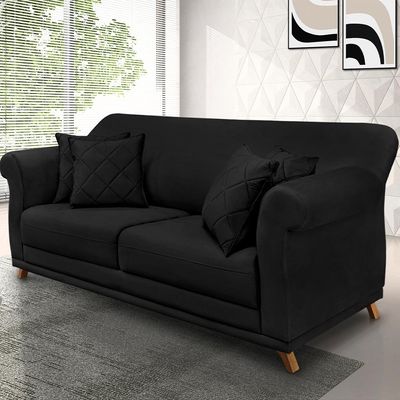 Sofá Decorativo 220cm 3 Lugares com 4 Almofadas Armstrong Suede Preto - Gran Belo