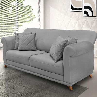 Sofá Decorativo 220cm 3 Lugares com 4 Almofadas Armstrong Veludo Cinza - Gran Belo