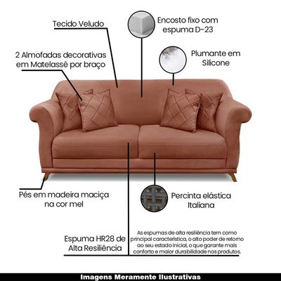 Sofá Decorativo 220cm 3 Lugares com 4 Almofadas Armstrong Veludo Cobre - Gran Belo