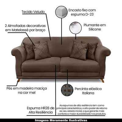 Sofá Decorativo 220cm 3 Lugares com 4 Almofadas Armstrong Veludo Marrom - Gran Belo