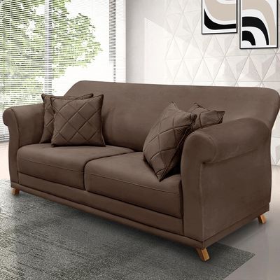 Sofá Decorativo 220cm 3 Lugares com 4 Almofadas Armstrong Veludo Marrom - Gran Belo