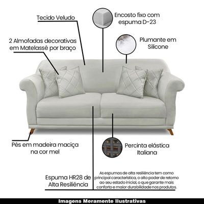 Sofá Decorativo 220cm 3 Lugares com 4 Almofadas Armstrong Veludo Prata - Gran Belo