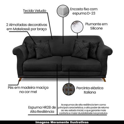 Sofá Decorativo 220cm 3 Lugares com 4 Almofadas Armstrong Veludo Preto - Gran Belo