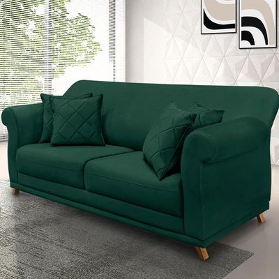 Sofá Decorativo 220cm 3 Lugares com 4 Almofadas Armstrong Veludo Verde Floresta - Gran Belo