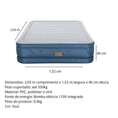 Colchão Inflável Casal Queen Azul com Bomba 110v Integrada