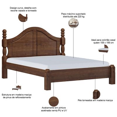 Cama Queen De Madeira Maciça Clássica Para Colchão 158x198 Zahav F06 Café - Lyam Decor
