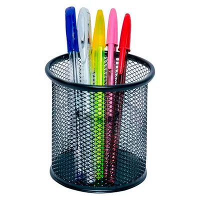 Kit 5 Porta Canetas Organizador de Mesa Redondo Telado Aramado Grampos Clips Escritório Home Office Preto